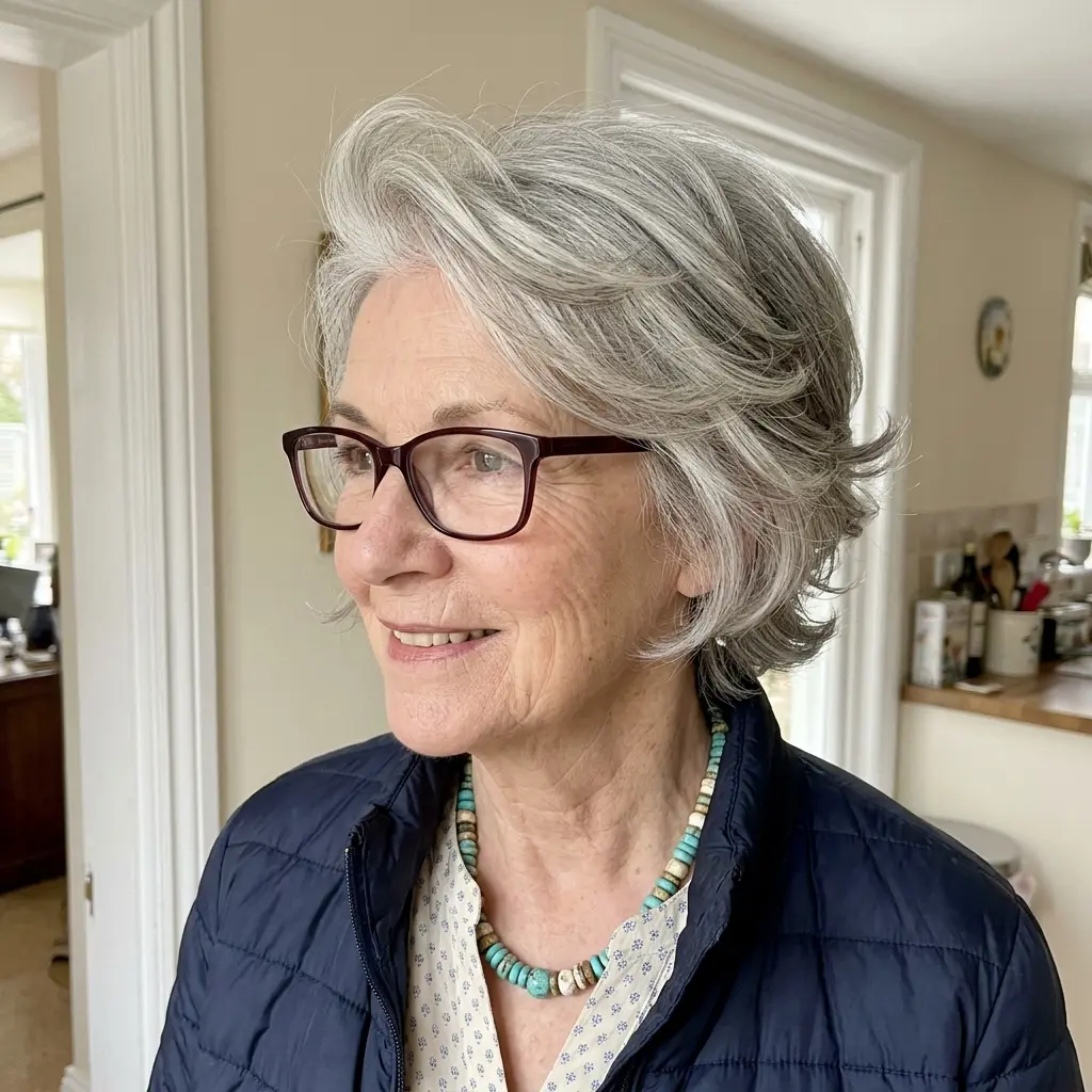 #9 Short Feathered Cut for Wavy Hair with Glasses