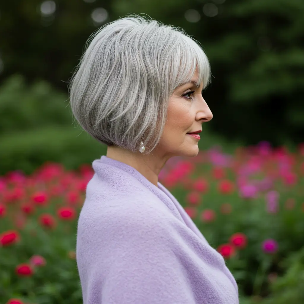 Mini Bob with Eye-Skimming Bangs for Gray Hair