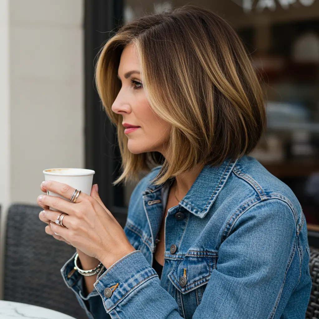 Brunette Lob with Warm Blonde Highlights