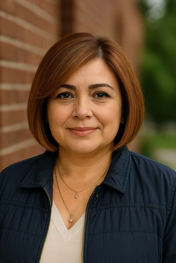 Long side-swept bangs and blonde highlights on a jaw-length cut