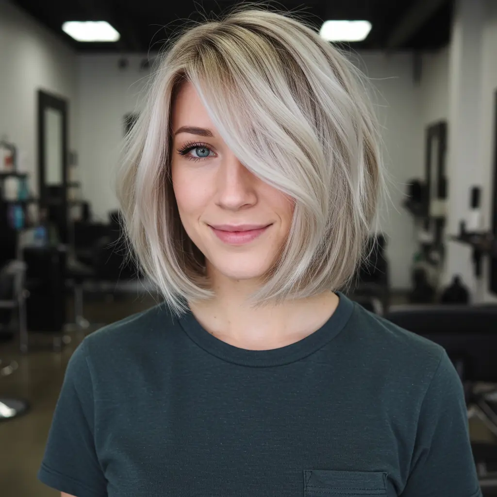 Ash Blonde Lob with Face-Framing Layers and Bangs