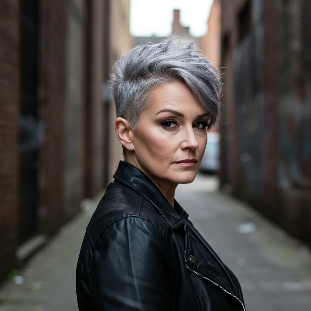 Edgy Undercut Pixie with Silver and Mauve Tones