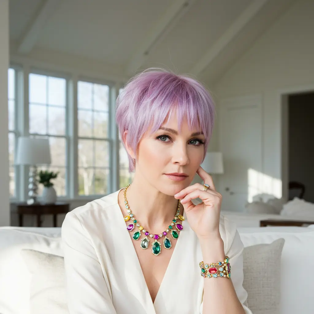 Pastel short hair with feathered layers and a wispy fringe