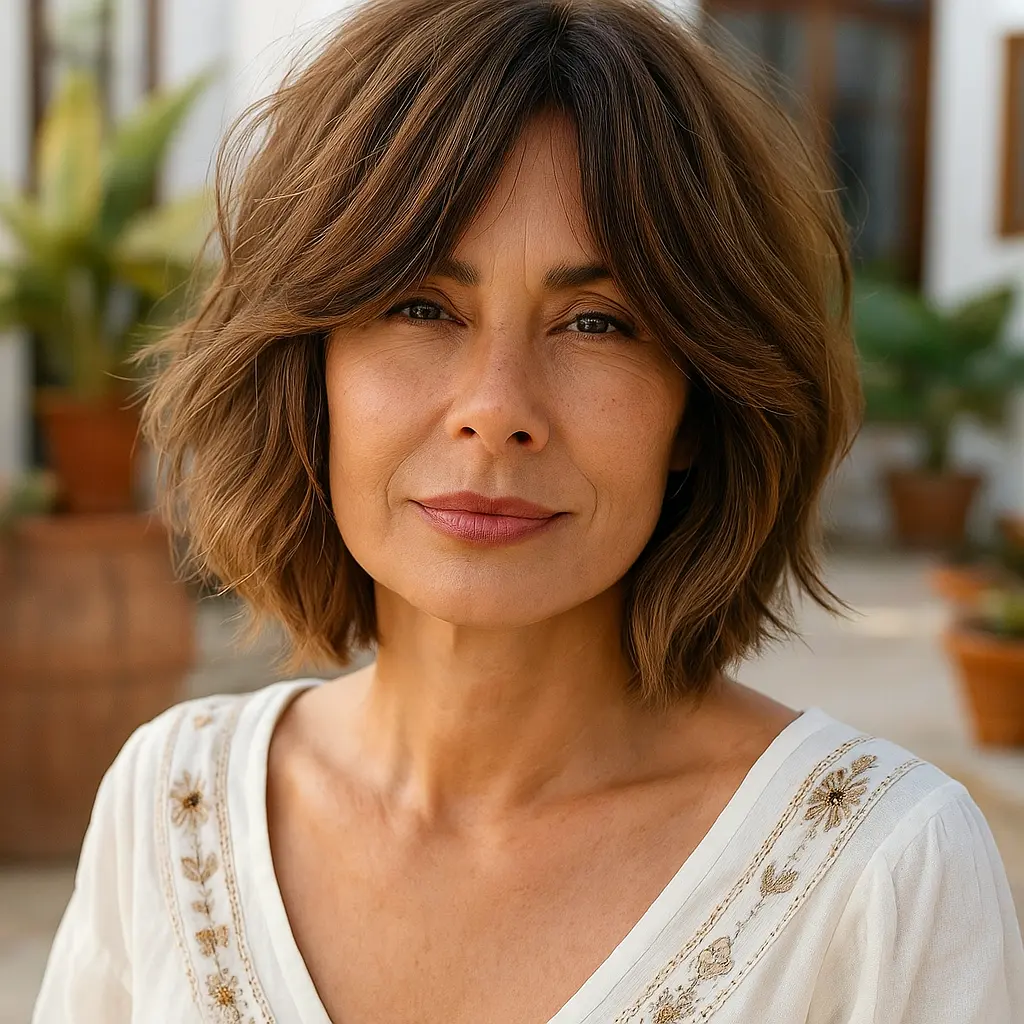 Curtain bangs and shaggy bob for volume