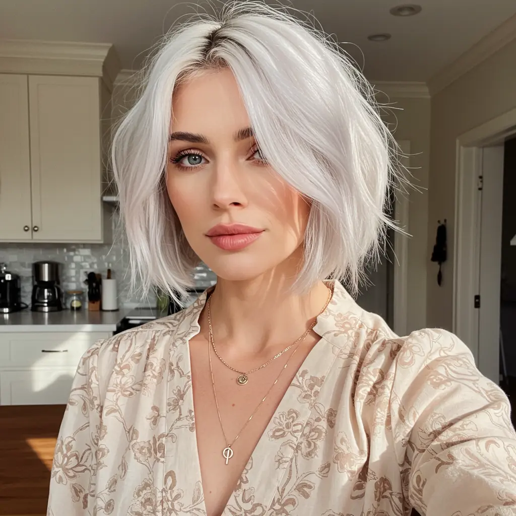 White Chin-Length Bob with Light Bangs