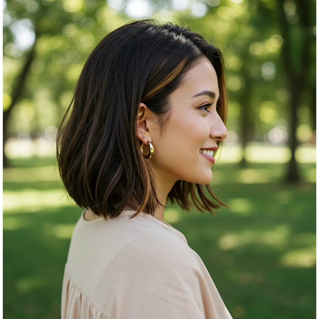 Brunette Lob Cut with Highlights