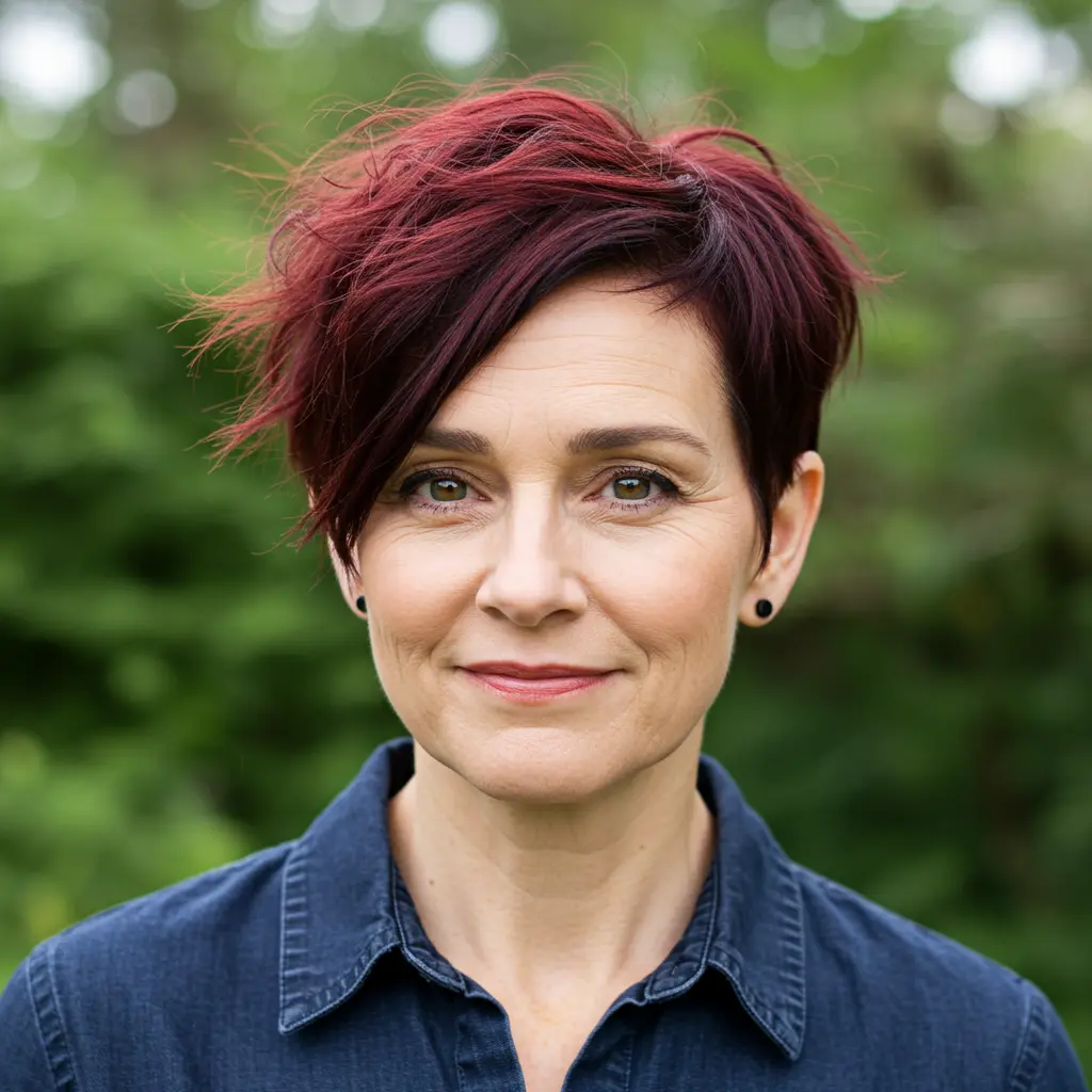 Dark Auburn Pixie with Sideburns