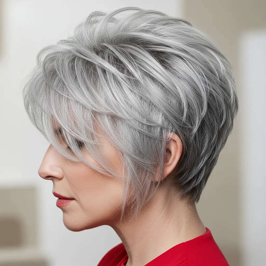Short Textured Layers for Grey-Haired Women