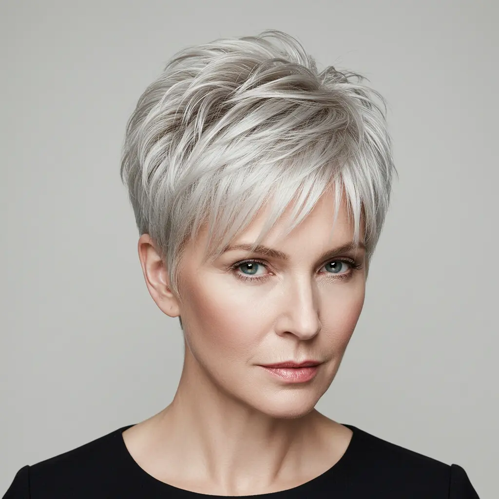 Icy Blonde Pixie Cut with Choppy Bangs