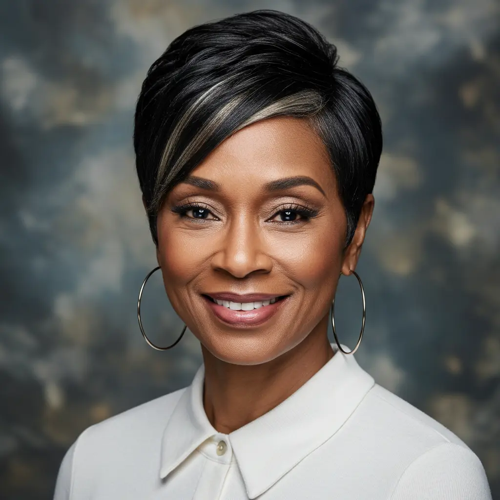 Jet Black Pixie with a Money Piece