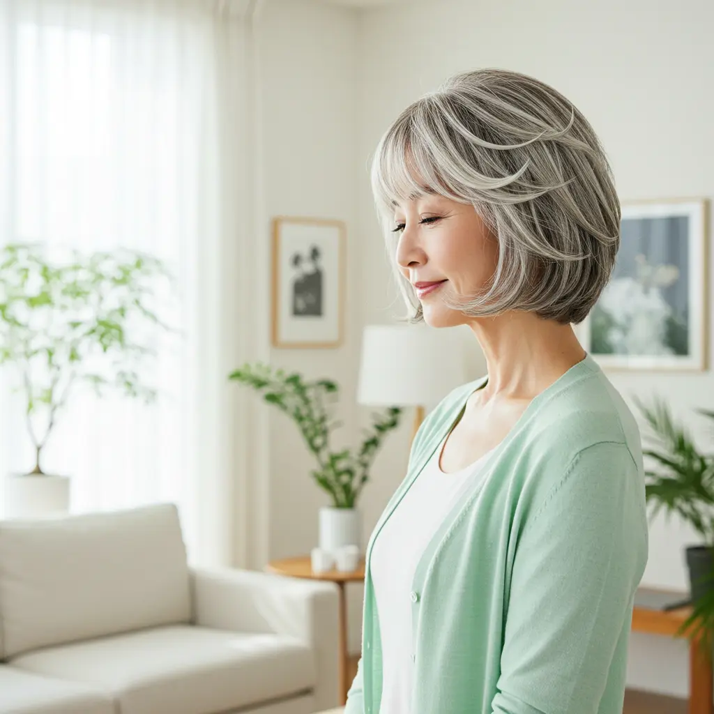 Medium Bob with Feathered Layers on White Hair