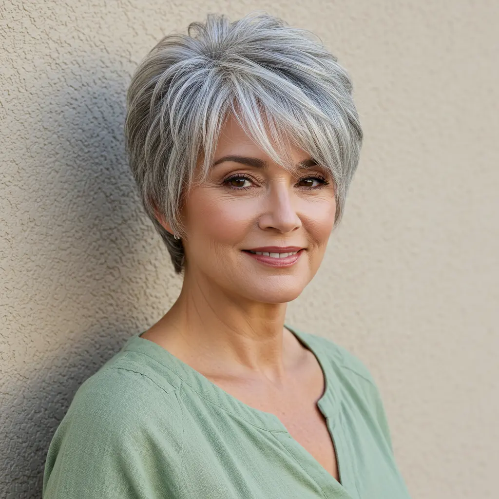 Short Grey Hair with Bangs and Feathered Texture