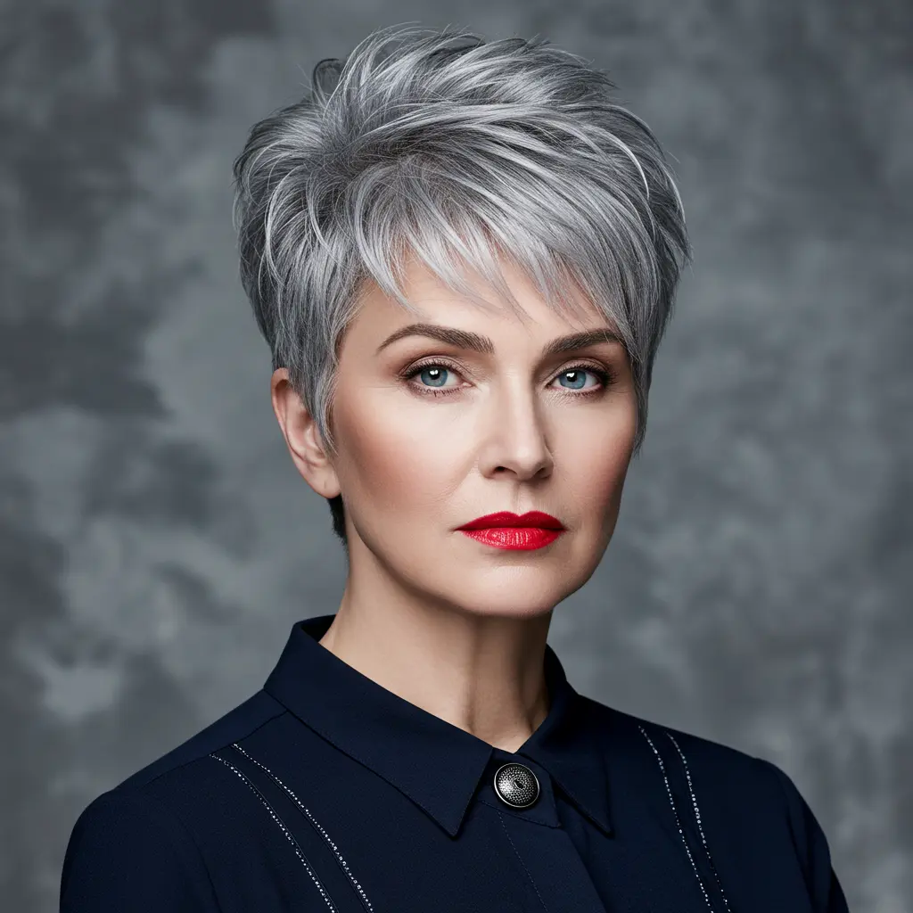 Short Grey Pixie Haircut with Textured Finish