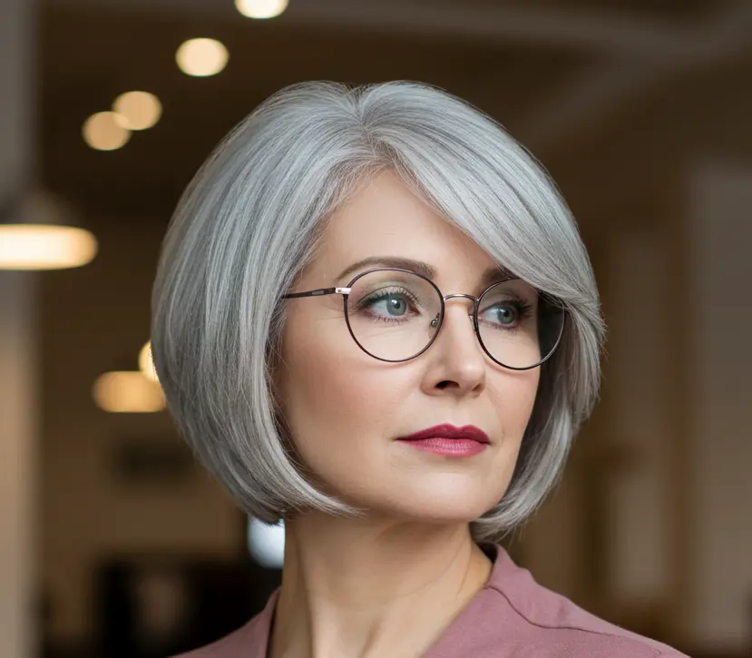 Short Grey Hair Over 50 with Glasses and Layers
