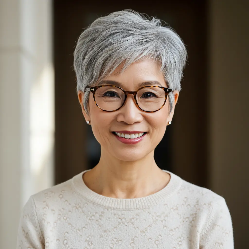 Short Bixie Cut for Older Women with Glasses