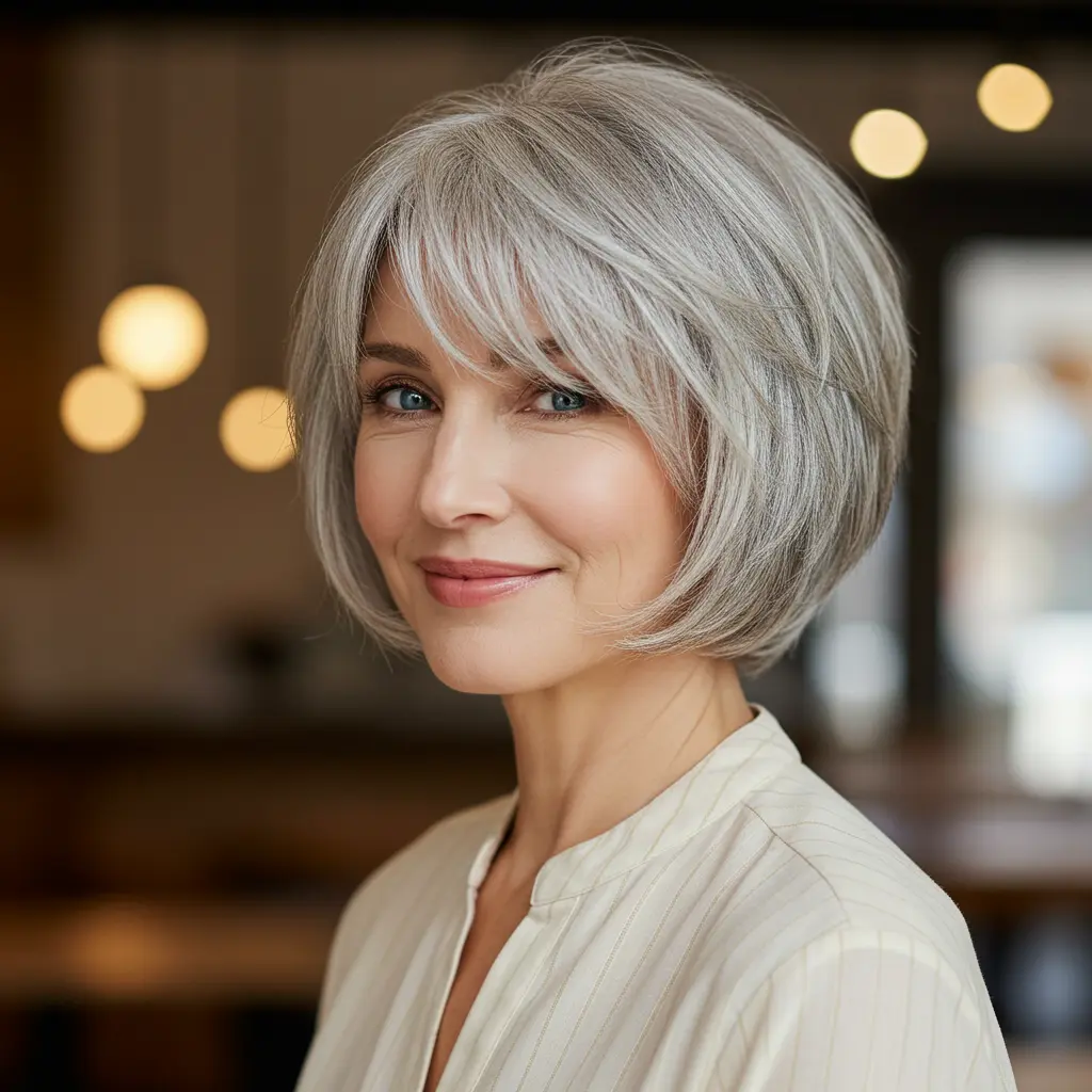 Short Grey Bob with Soft Layers