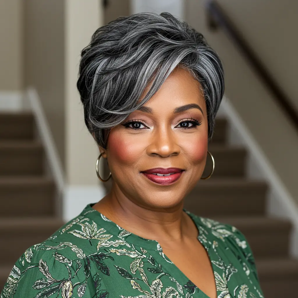 Black and Grey Hair Short with Side Part