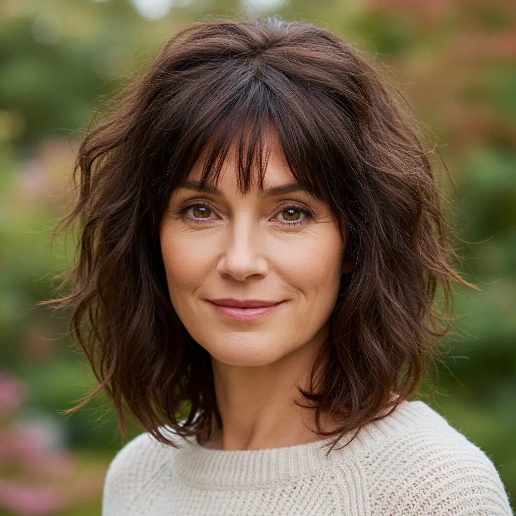 Tousled Shaggy Long Bob with Bangs