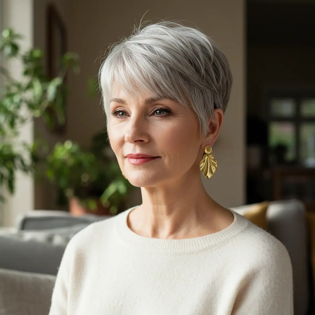 Pixie with Side-Swept Bangs on Women 60 and Up