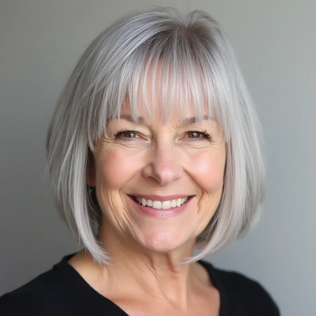 Jaw-Length Silver Bob with Bottleneck Bangs