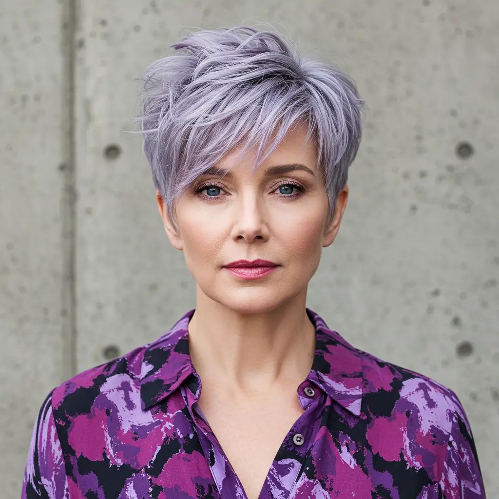 Short Grey Hair with Purple Highlights and Fringe