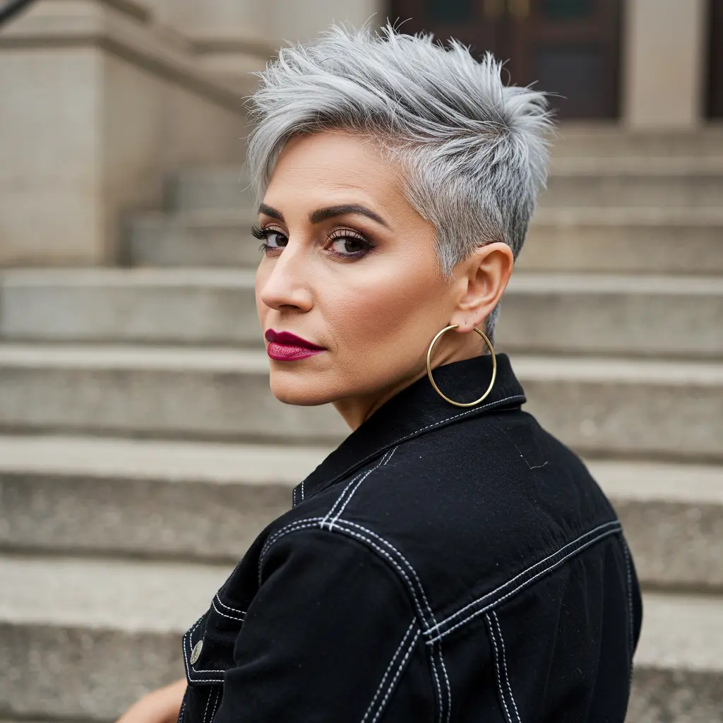 Very Short Grey Hair with Fade-In Sides