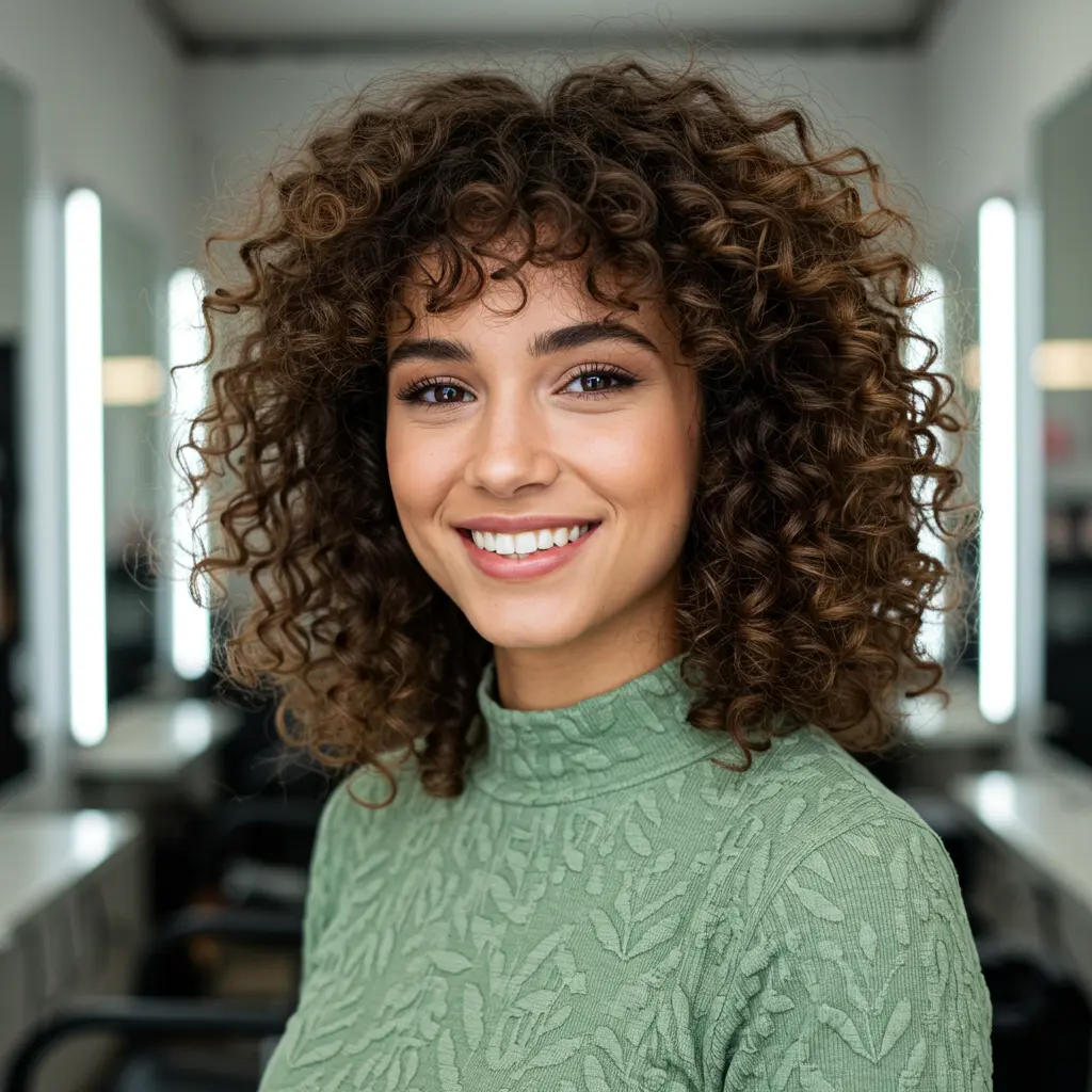 #1 Shaggy Curls With Defined Curtain Bangs