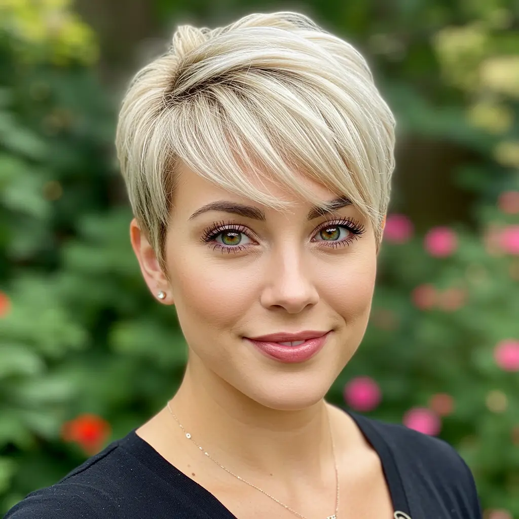 Blonde Pixie with Bottleneck Bangs