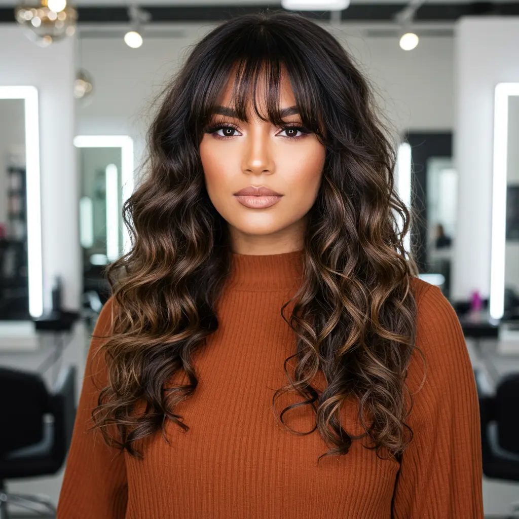 #11 Curly Hair With Flowing Layered Curtain Bangs