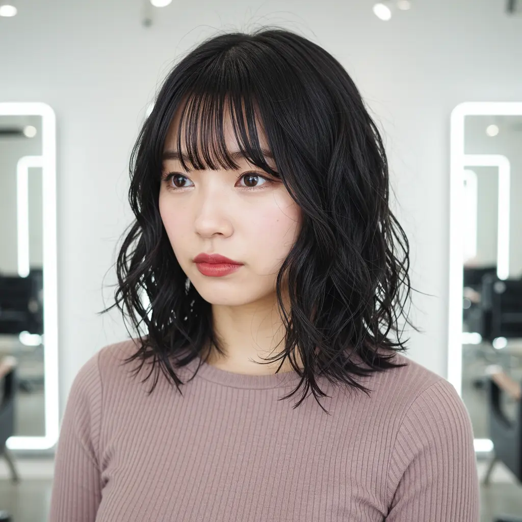 #13 Medium Length Black Hair with Wispy Bangs