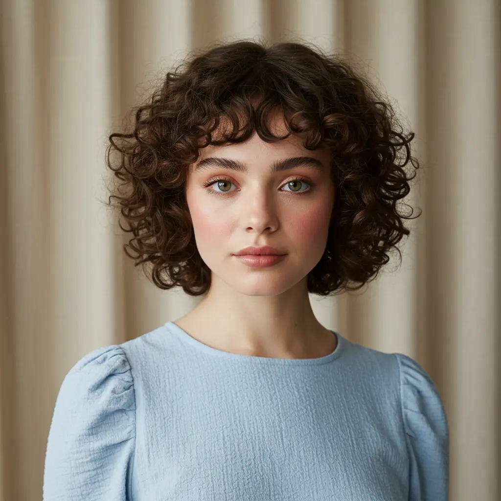 Short Curly Hair with Bangs for Full Cheeks