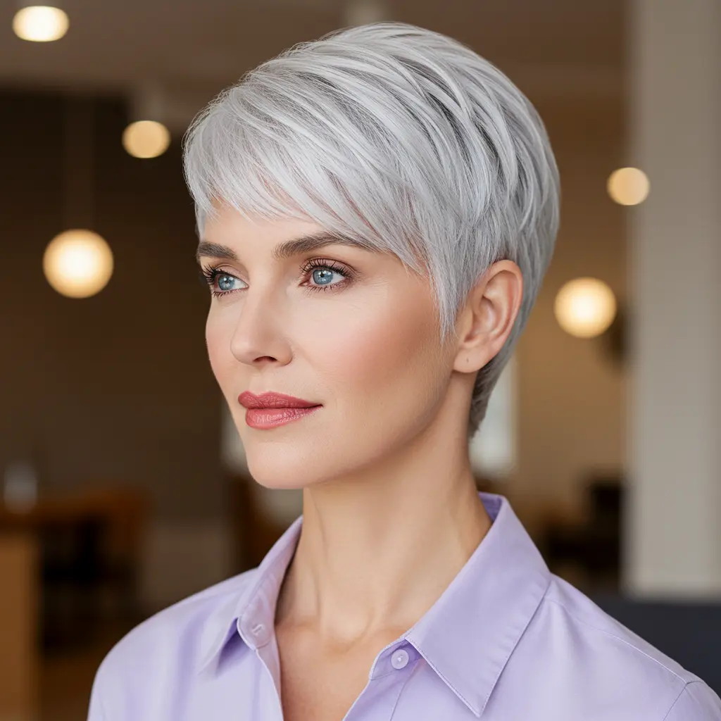 Sleek Silver Pixie with Side Part