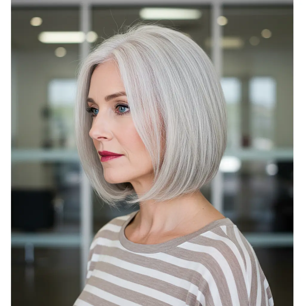#3 Straight Grey Bob With a Side Part