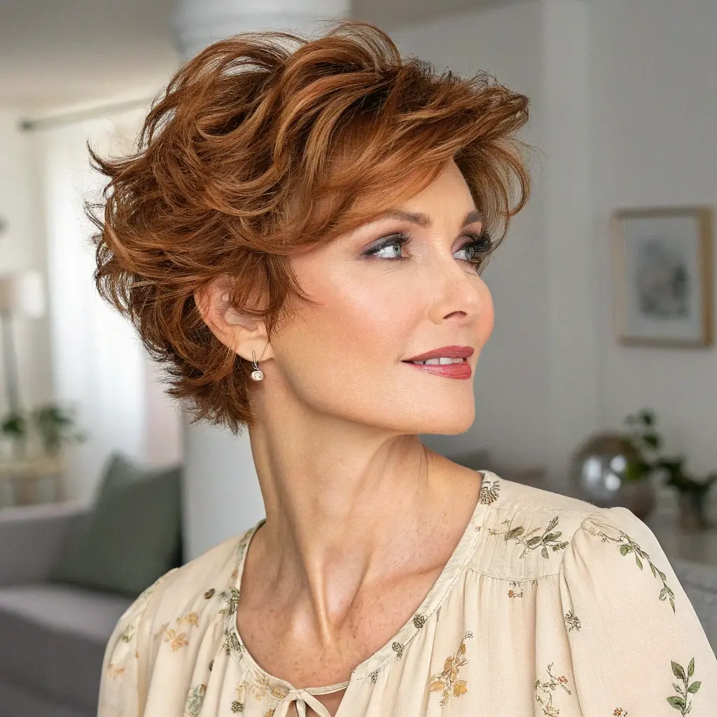 #5 Brunette Wavy Pixie Cut With Soft Highlights