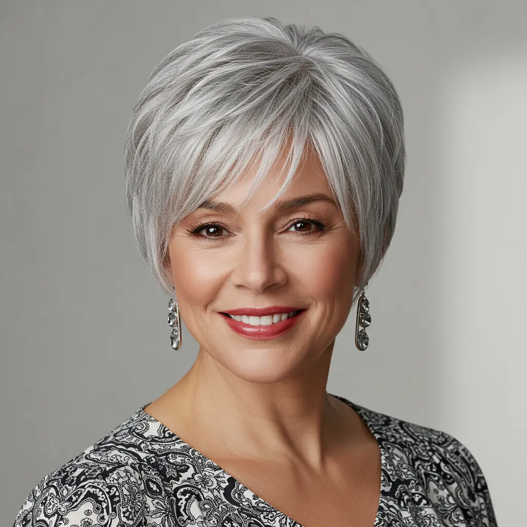 Silver Pixie Haircut with Curtain Bangs