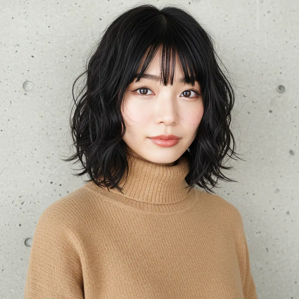 #6 Medium Length Black Hair with Curtain Bangs