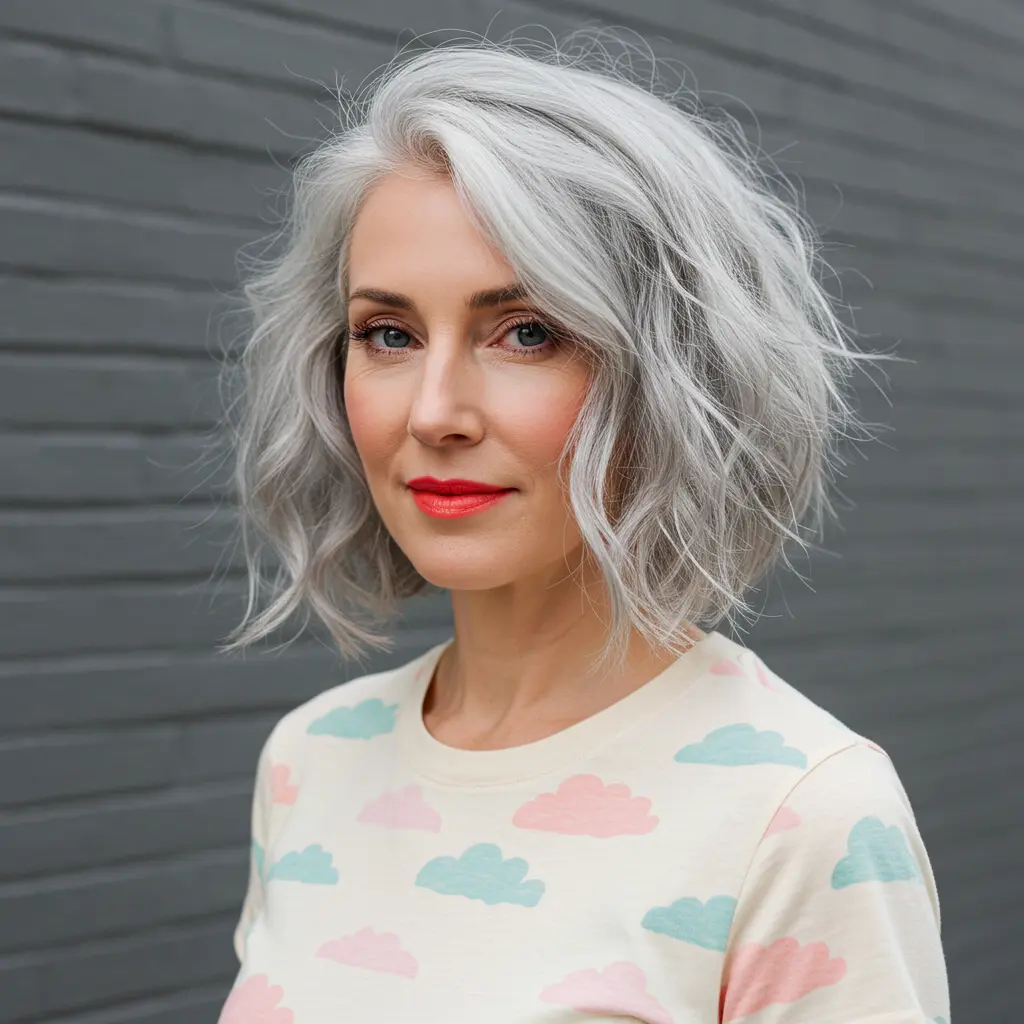#6 Wavy Grey Bob With Wispy Bangs