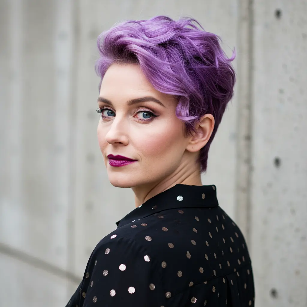 Purple Wavy Pixie Cut With Creative Flair