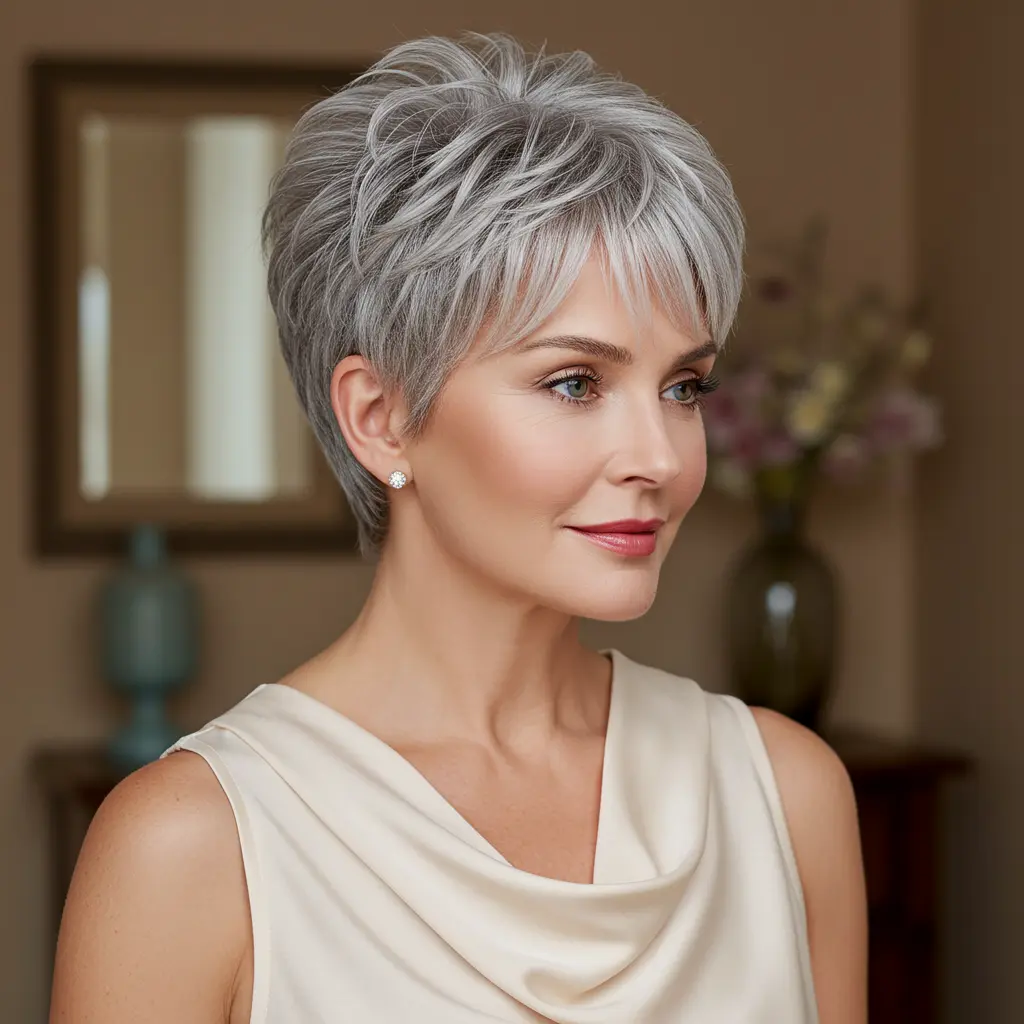Soft Grey Pixie Hair with Wispy Layers