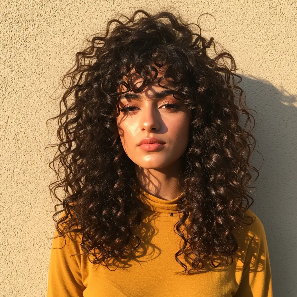 #8 Voluminous Curtain Bangs On Long Curly Hair