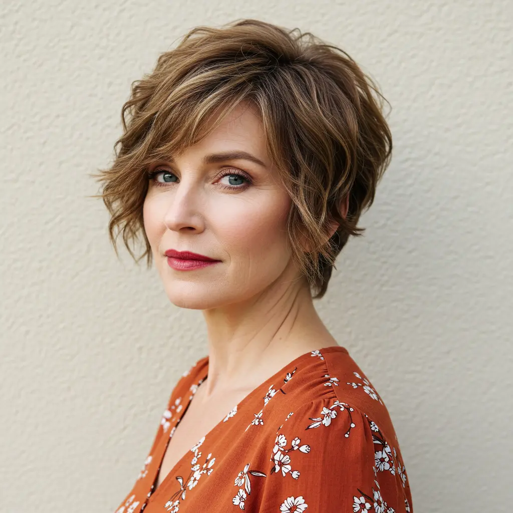 Brown Wavy Pixie Cut With Natural Shine
