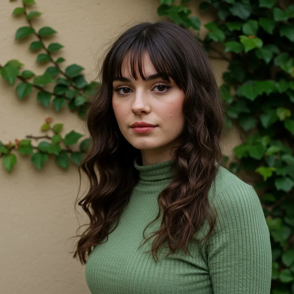 #10 Long Brown Waves With Parted Curtain Bangs