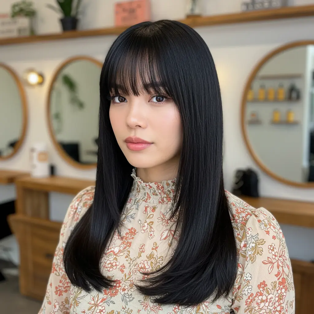 #15 Curtain Bangs With Long Thick Straight Hair