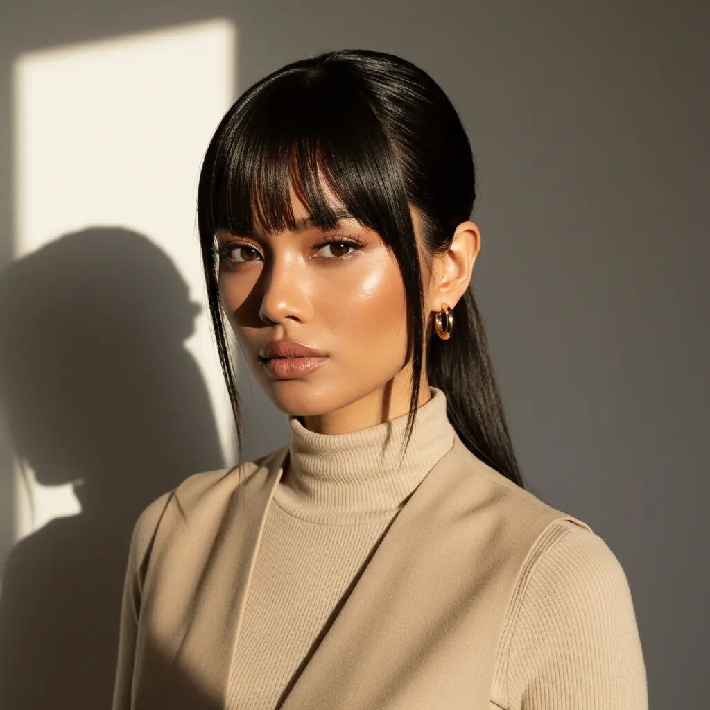 #18 Low Ponytail With Thick Curtain Bangs