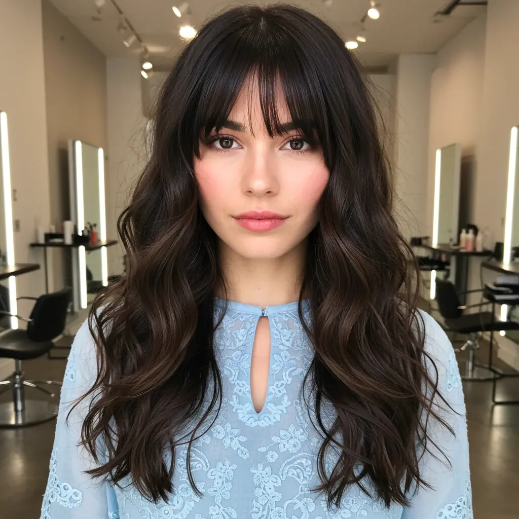 #3 Wispy Curtain Bangs Wavy Hair for Relaxed Shape