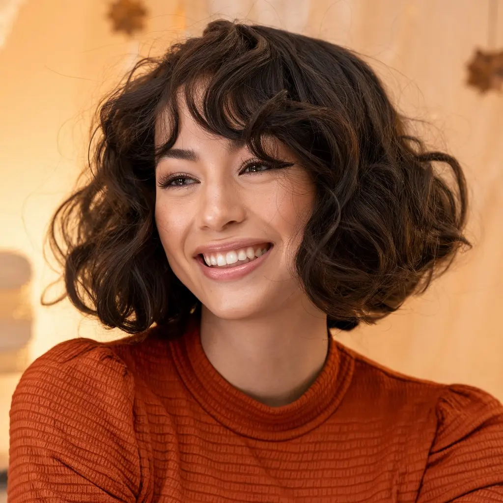 #4 Wispy Curtain Bangs Curly Hair for Romantic Bounce