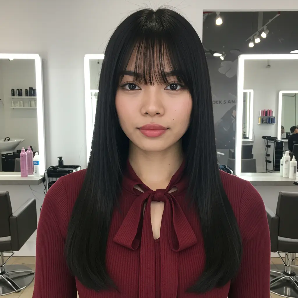 #5 Glossy Black Long Hair With Curtain Bangs