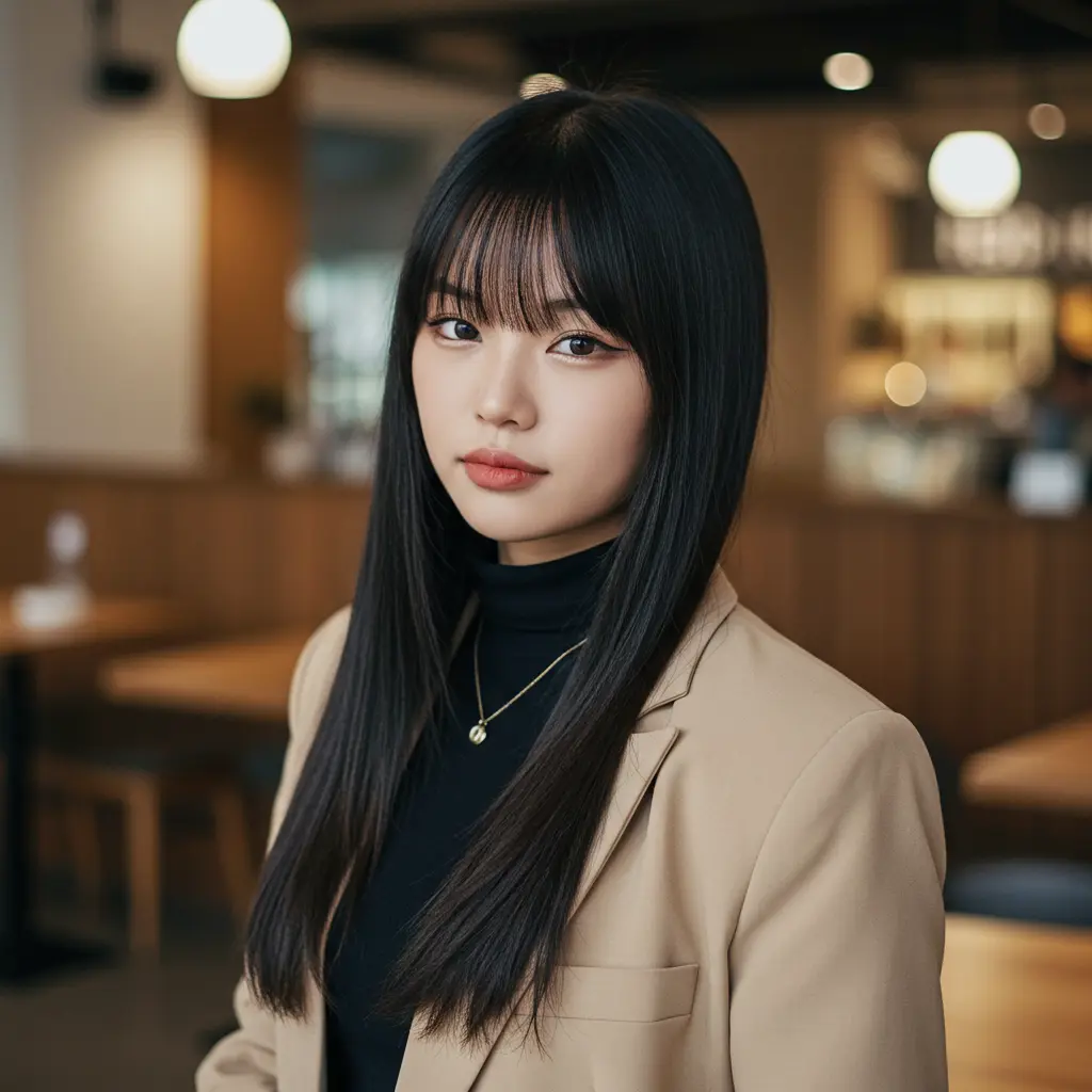 #1 Full Bangs Long Hair Straight With Sleek Finish