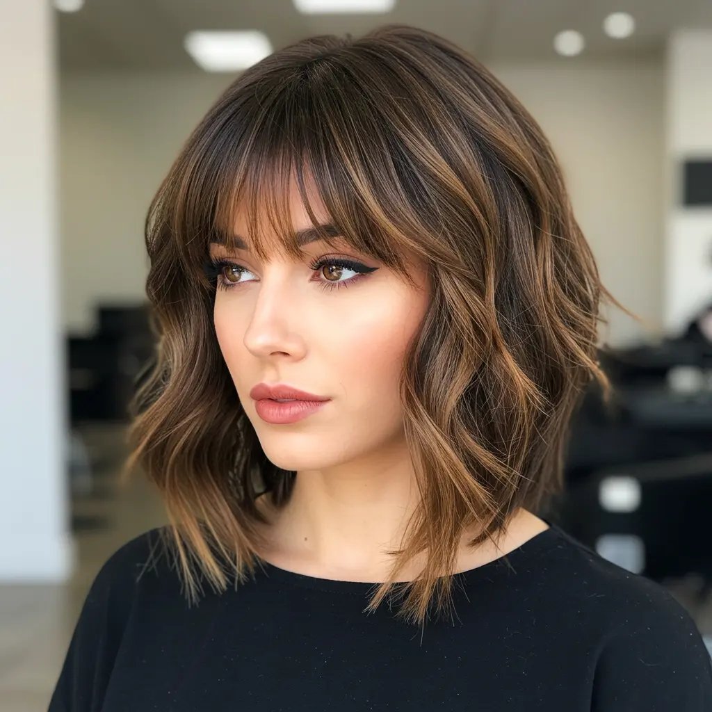 #1 Dimensional Caramel Asymmetrical Bob with Side Bangs