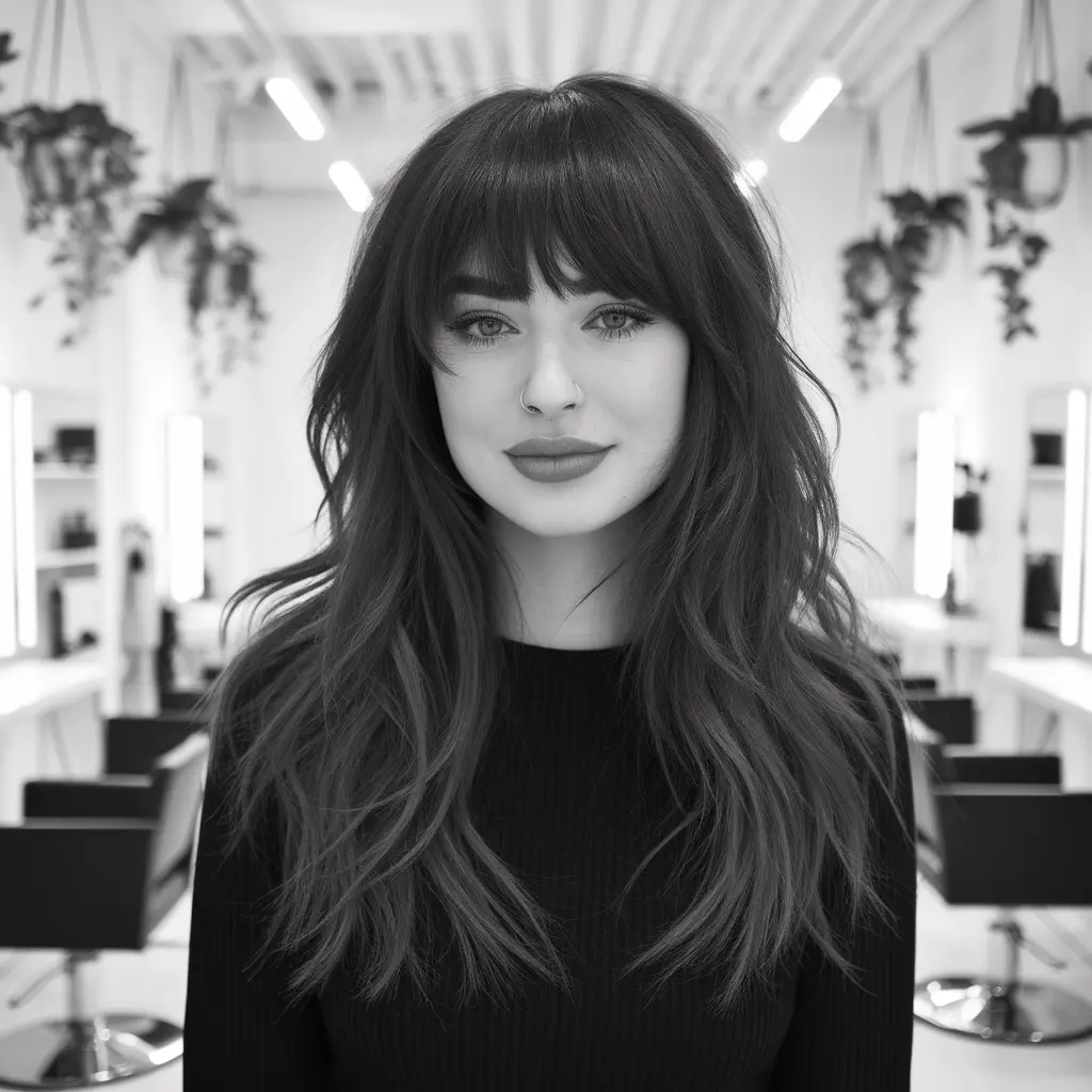 #11 Long Jet Black Wolf Cut with Fringe Bangs